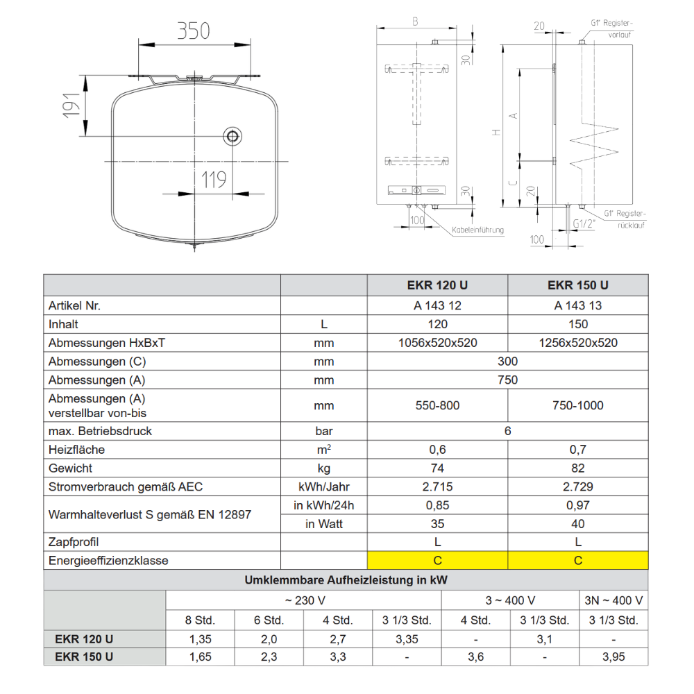 Austria Email Register-Hängespeicher EKR120U 120 Liter