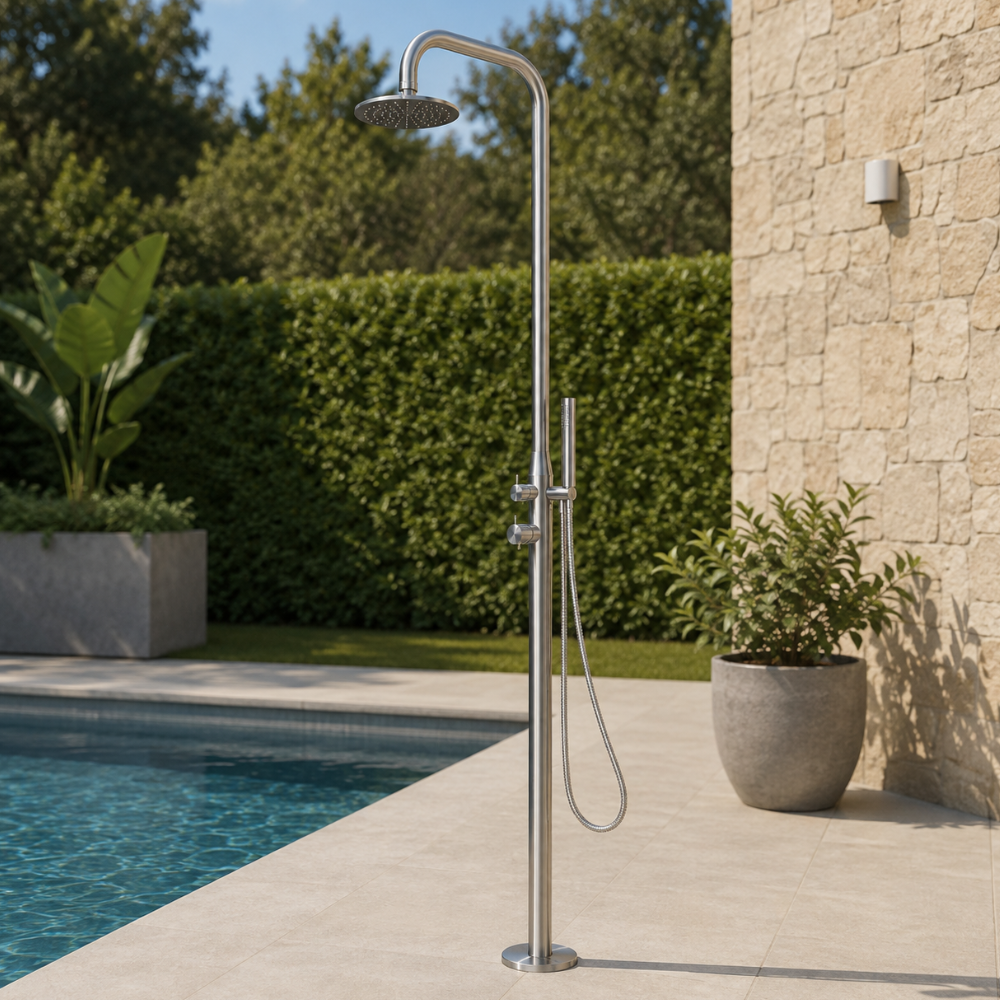 Juist Edelstahl Gartendusche Kalt- und Warmwasser mit Kopfbrause & Handbrause