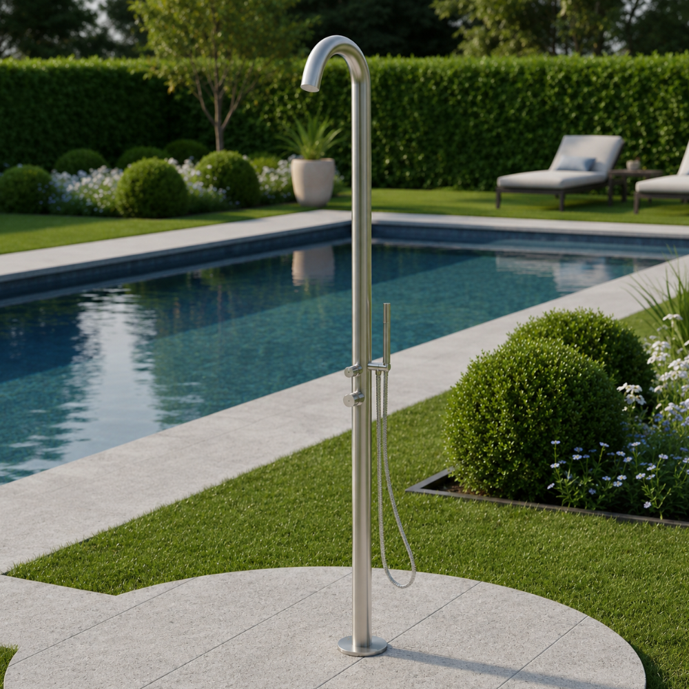 Sylt Edelstahl Gartendusche Kalt- und Warmwasser mit Kopfbrause & Handbrause
