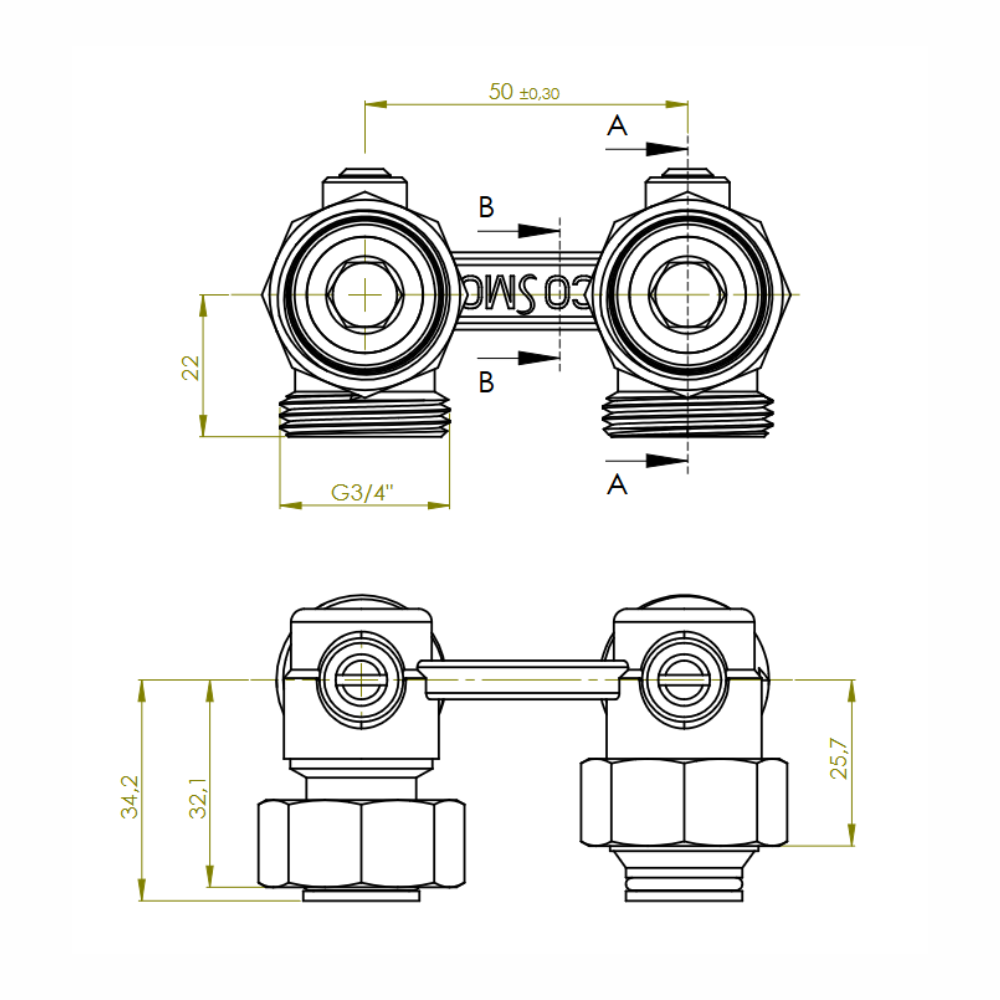 COSMO Zweirohr-Hahnblock 3/4" AG Konus lose DN 20 Eckform