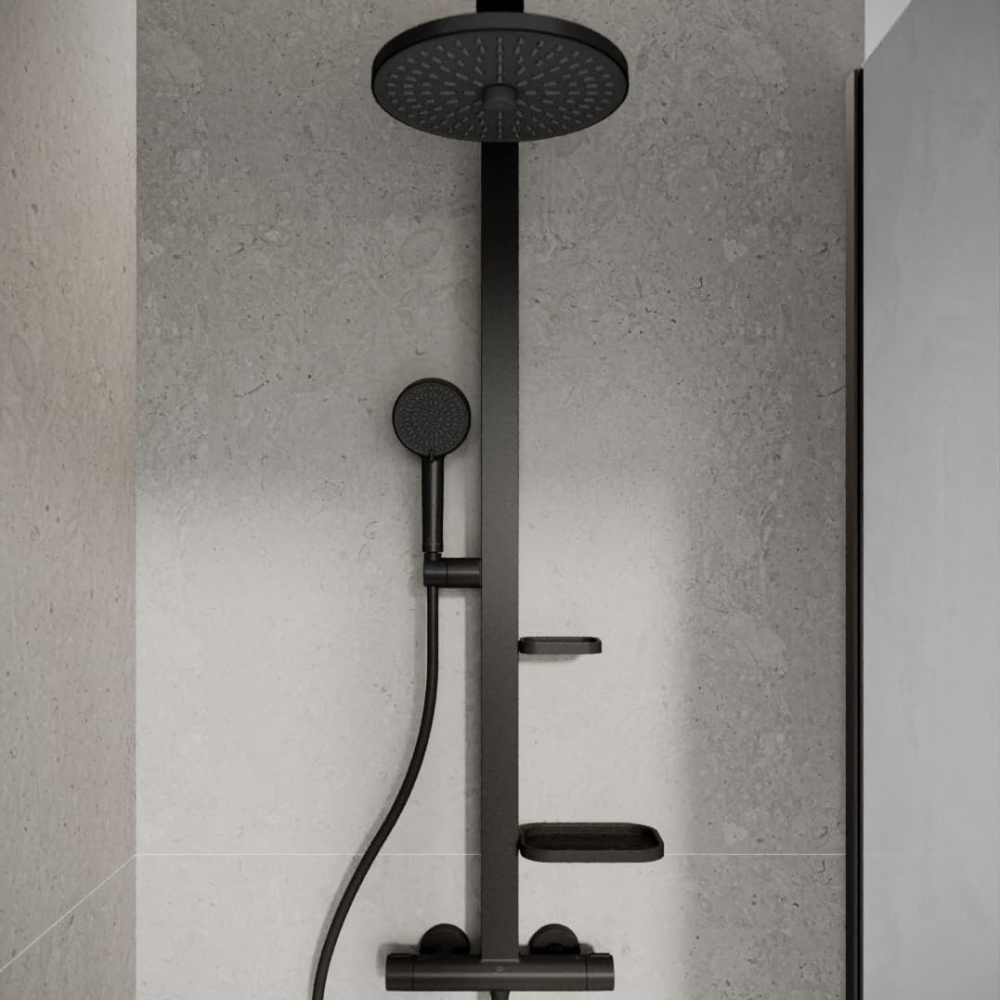 ALVA Spa Duschsystem aus Alu mit Thermostat, Seifenschale & Ablage