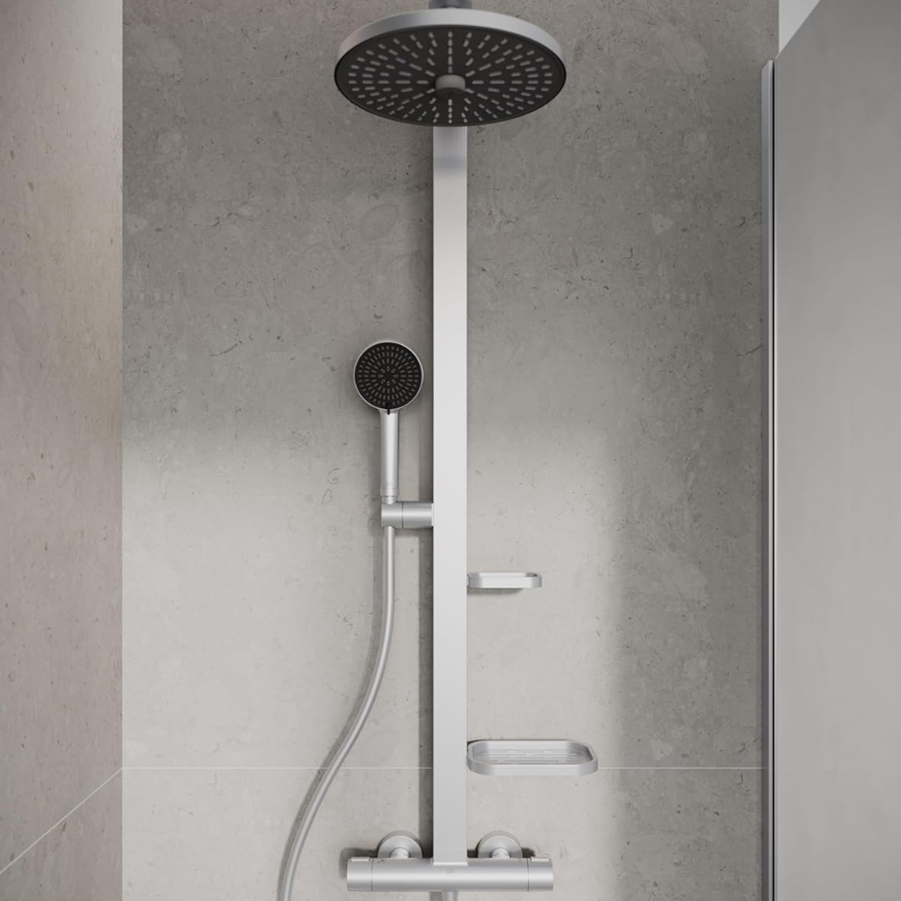 ALVA Spa Duschsystem aus Alu mit Thermostat, Seifenschale & Ablage