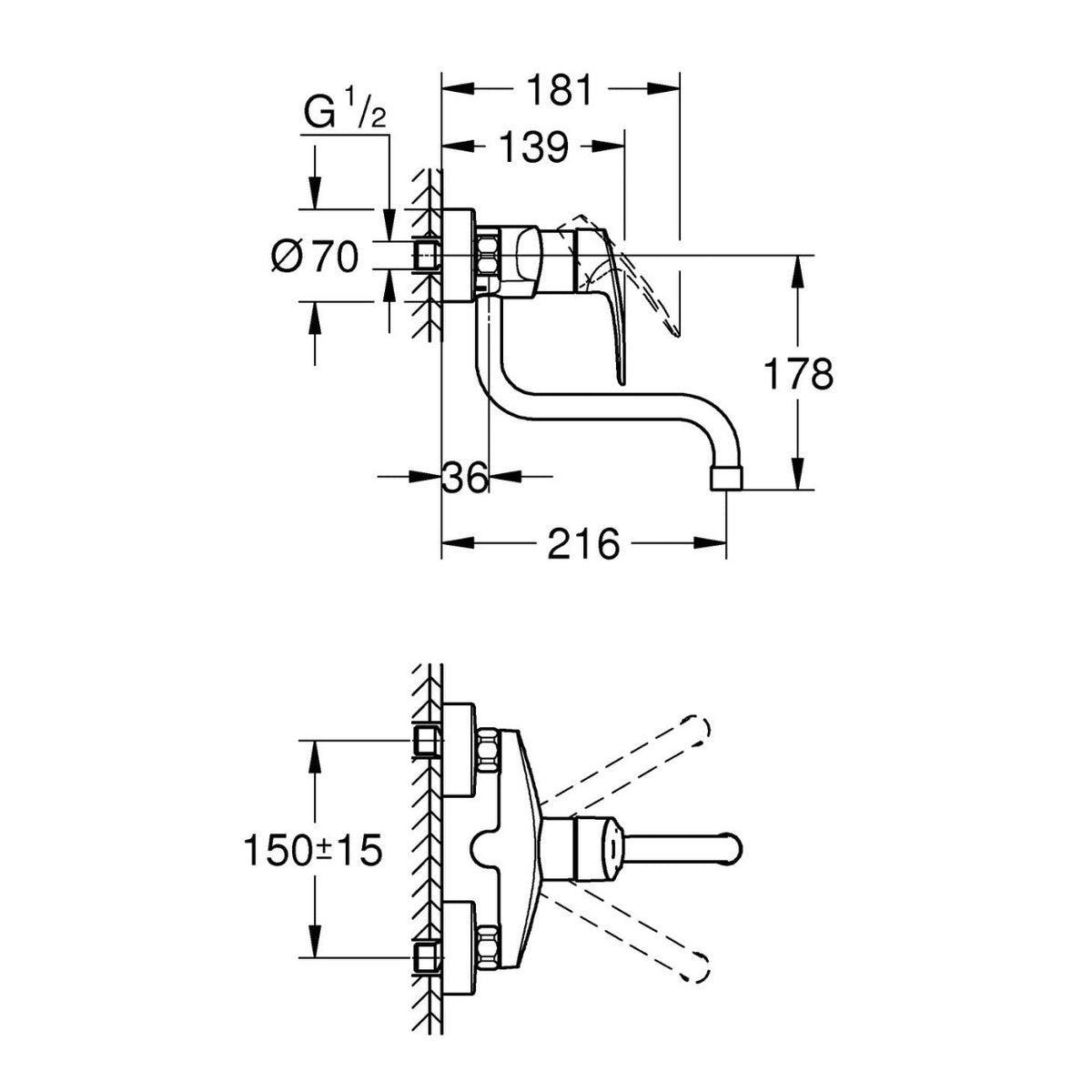Grohe Eurosmart Obertisch-Armatur 1/2" Einhebelmischer Wandmontage