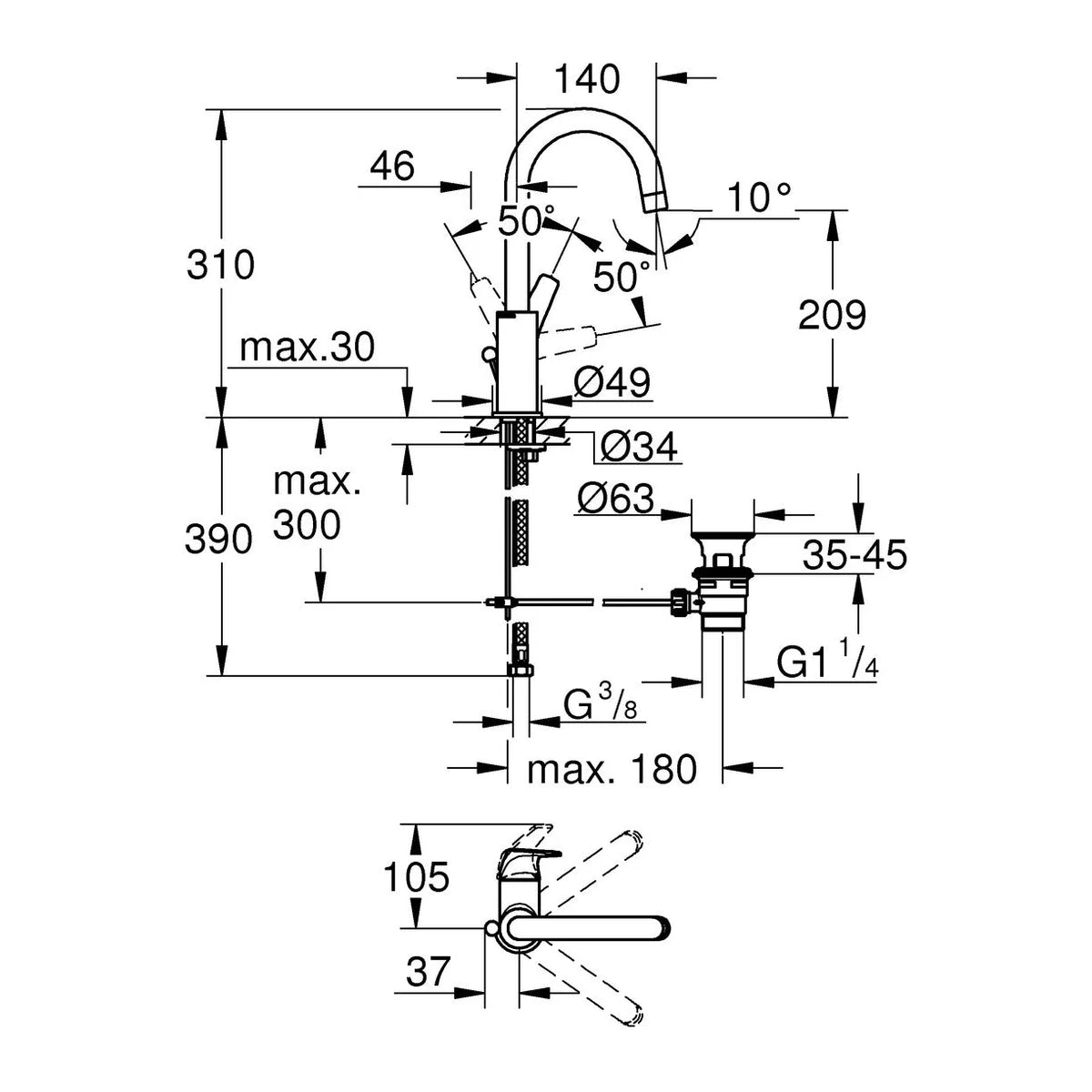 Grohe BauFlow L-Size Einhebel Waschtischarmatur