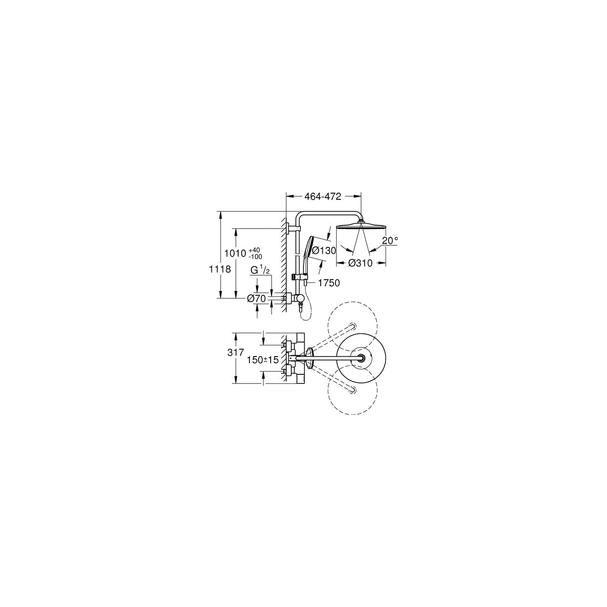 GROHE Duschsystem Rainshower SmartActive 310 26647, mit Thermostatbatterie, Wandmontage, Kopfbrause, Handbrause 26544000, chrom