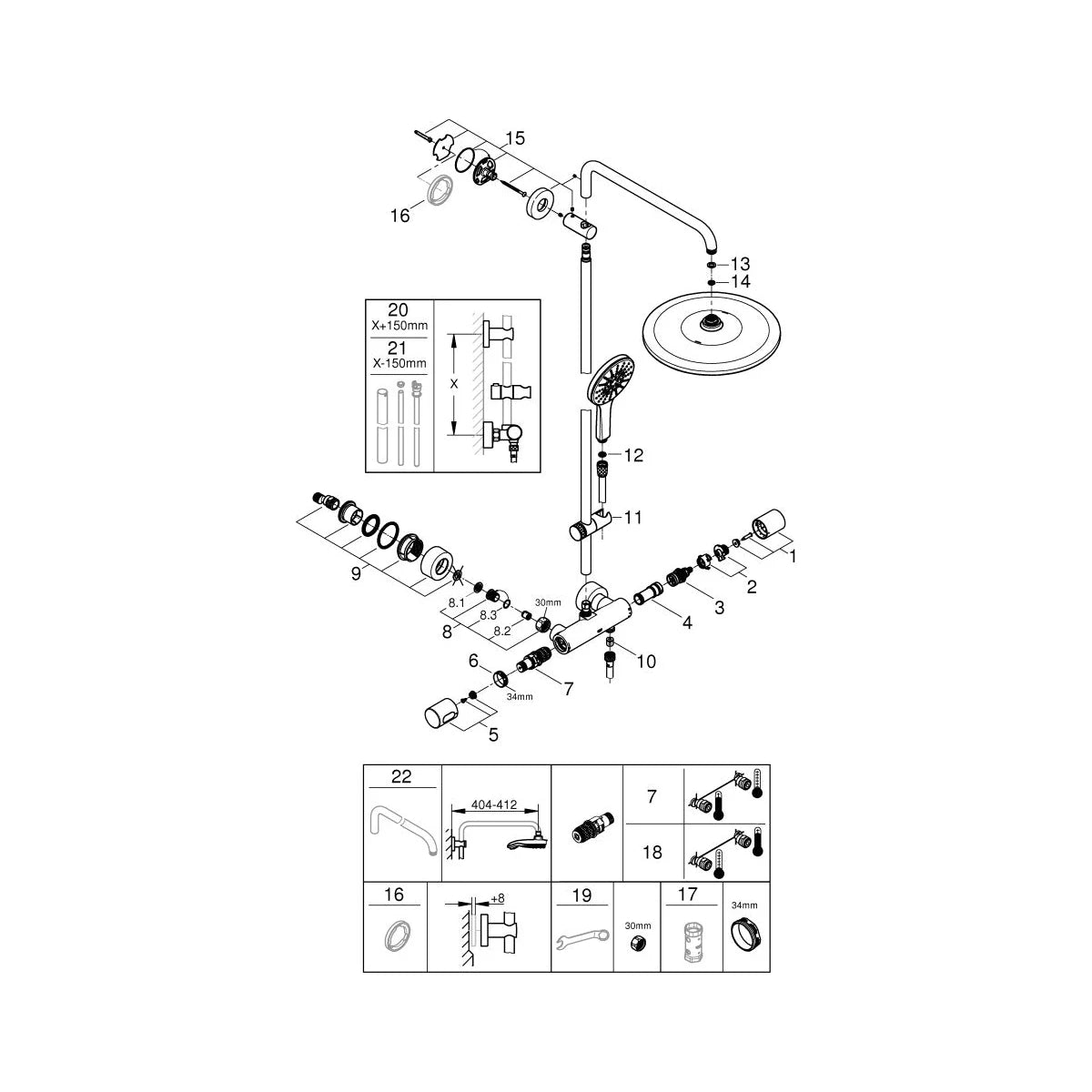 GROHE Duschsystem Rainshower SmartActive 310 26647, mit Thermostatbatterie, Wandmontage, Kopfbrause, Handbrause 26544000, chrom
