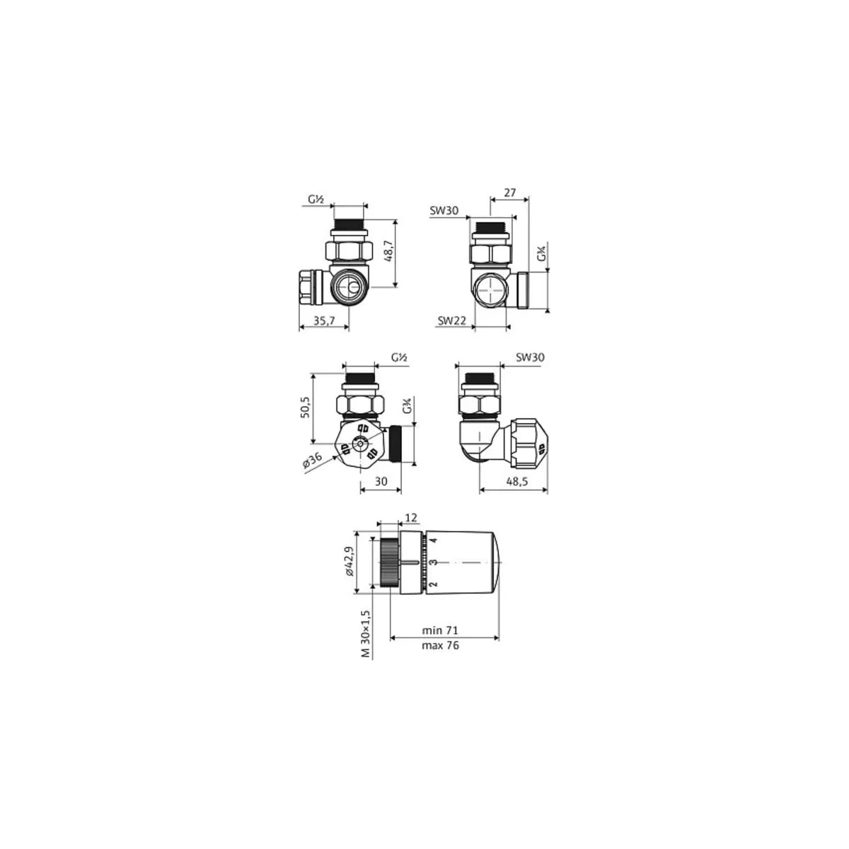 HSK Seitenanschluss Eckform spezial mit Thermostat