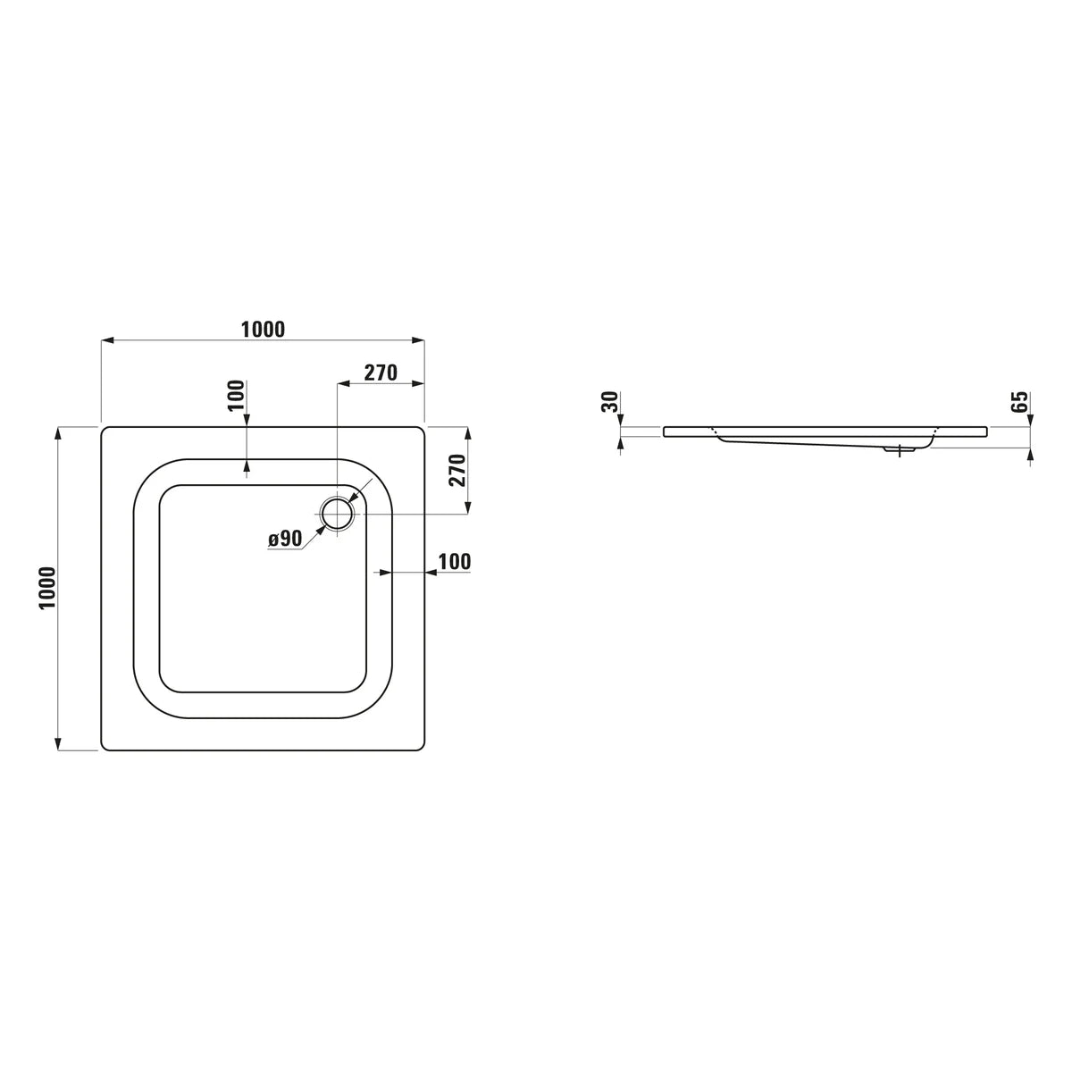 Laufen Platina Stahl Quadrat-Duschwanne mit Eckablauf