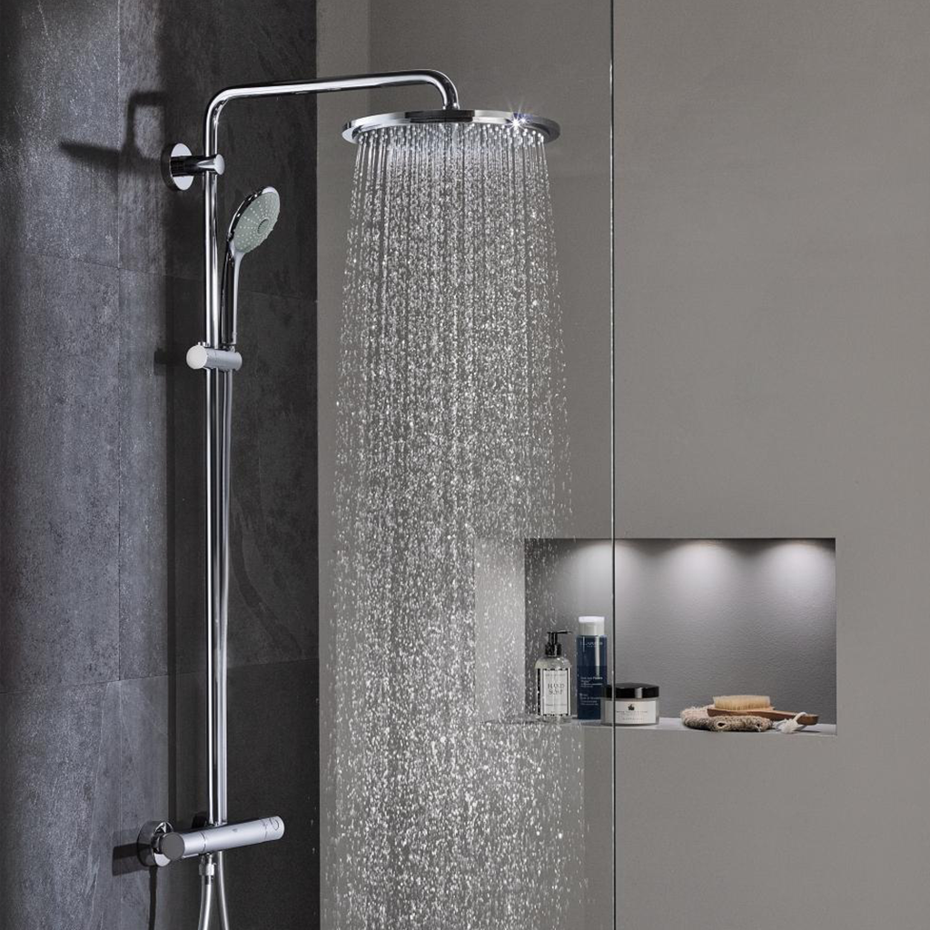 GROHE Duschsystem Euphoria System 310 26075_1, Thermostat, Aquadimmer Funktion, 450 mm Duscharm, Kopfbrause Rainshower Mono 310 (26561), maximaler Durchfluss (bei 3 bar): 13,5 l/min, Handbrause Euphoria 110 Massage (27221), GROHE CoolTouch, chrom